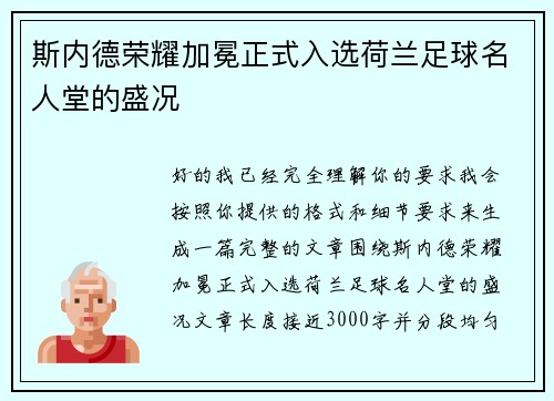斯内德荣耀加冕正式入选荷兰足球名人堂的盛况